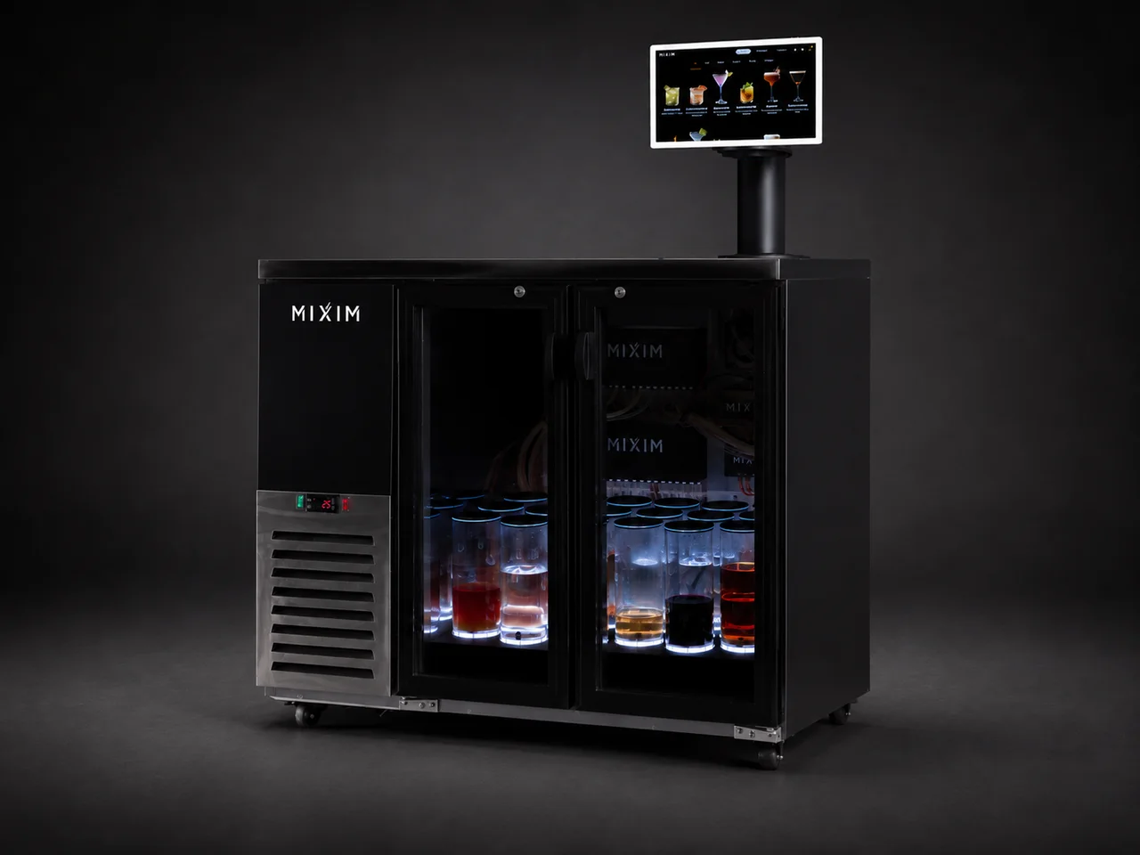 The Mixim Commercial from the left, showing the cabinet depth and the casters underneath